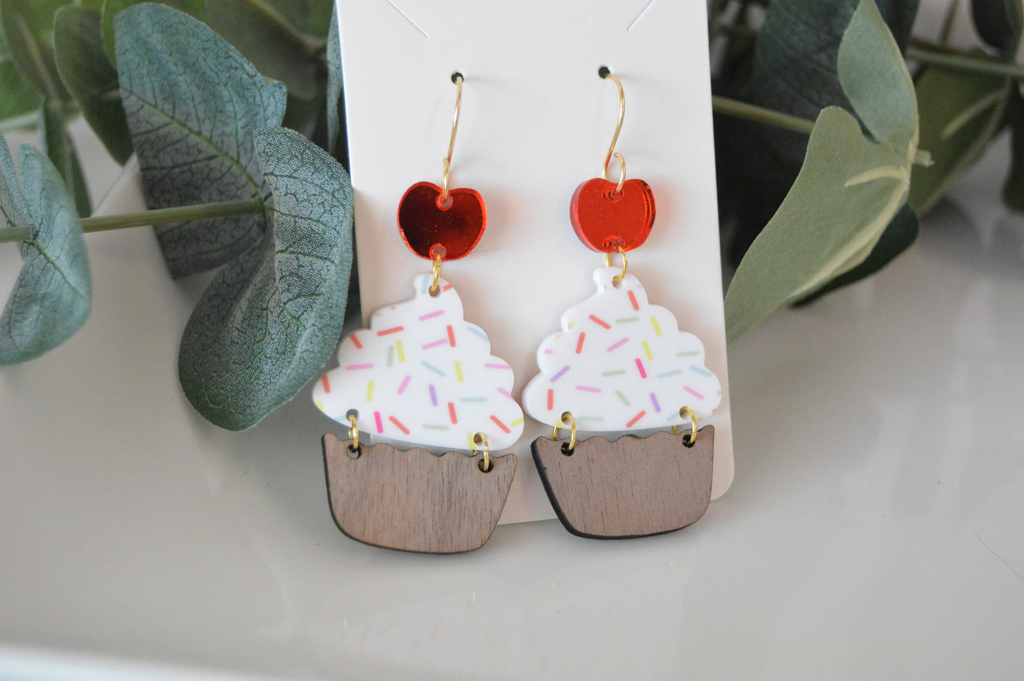Cupcake Dangle Earrings - Acrylic/Wood
